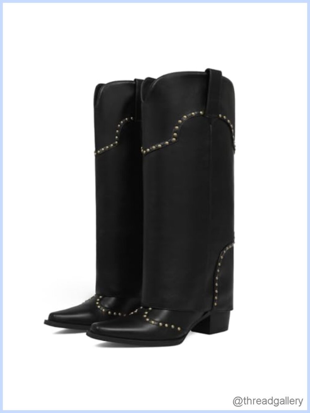 Fold Over Knee High Boots Chunky Heel Snip Toe Studded Pull-On Women's